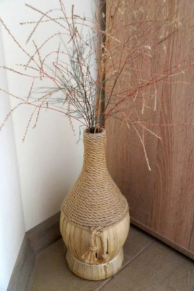 Dry Twigs Decorated Bottle Vase Floor Interior Close — Foto de Stock