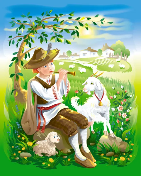 Shepherd boy and goat. new year eve. Sheep. Vector illustration. — Διανυσματικό Αρχείο