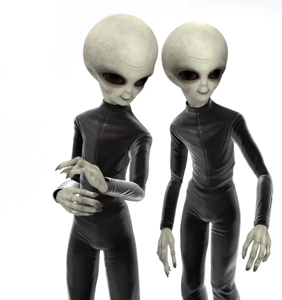 照片上两个身穿黑色连衣裙的外星人在白色背景下被隔离 D说明 3D字符 — 图库照片