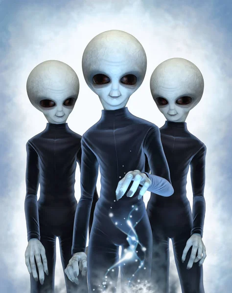 三个来自太空的外星人有着大大的黑眼睛在能量流中 在明亮的背景下被隔离 3D插图 — 图库照片