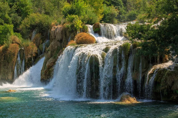 View Waterfall Cascade Sunny Day Krka National Park Horvátország — Stock Fotó