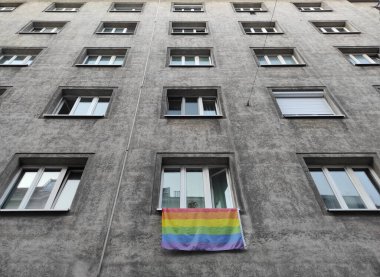 Avusturya 'nın Viyana caddesinde asılı duran gökkuşağı renkli bayrak ayının gururu