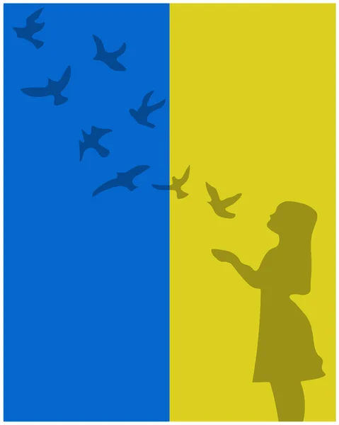 Тень Девушки Вытянутыми Руками Выпускающей Голубей Символ Мира Фоне Цветов — стоковый вектор