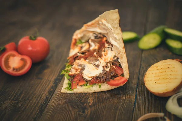 Doner Shawarma Central Asian Flatbread Wooden Background — Stock Photo, Image