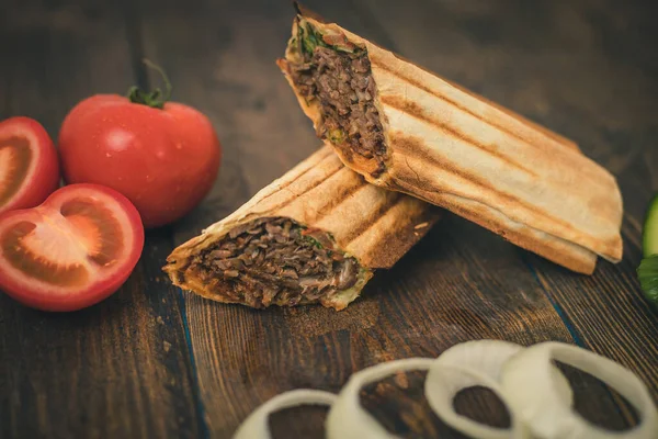 Doner Shawarma Lavash Wooden Background — Foto de Stock
