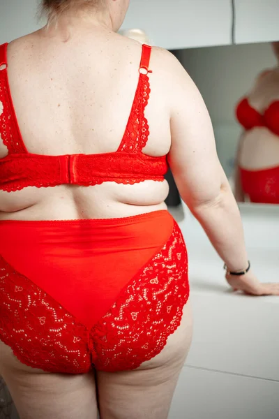 Buttocks Overweight Woman Beautiful Red Underwear Selective Focusing Small Focus — Stockfoto