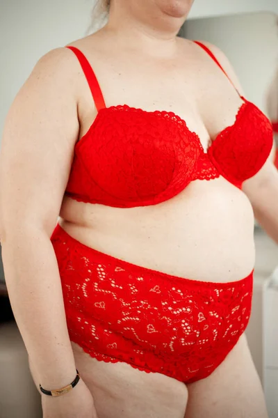 Güzel Kırmızı Çamaşırlı Şişman Bir Kadının Vücut Parçaları Küçük Bir — Stok fotoğraf