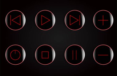 Siyah arkaplanda müzik çalar düğmesi simgeleri olan parlak düğmeler. vektör illüstrasyonu.