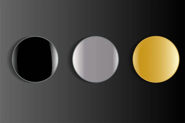 Trois Objets Ronds Convexes Brillants Argent Noir Brillant Sur Fond — Image vectorielle