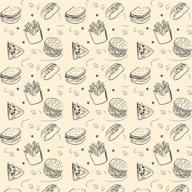 Fast food modeli. El yapımı hamburgerler, patates kızartmaları, sosisli sandviçler, pizzalar ve plastik bir bardak içki.