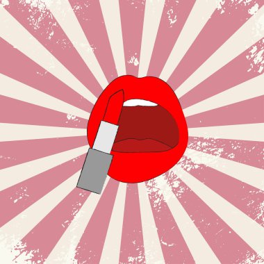 Pembe, eski püskü bir arka planda ruj izi olan el yapımı dudaklar. 2d vektör illüstrasyonu