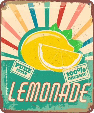 Eski püskü, biraz paslı reklam afişi. taze limonata. Vektör illüstrasyonu