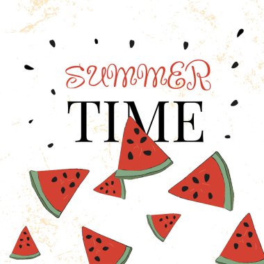 Farklı yönlere uçan karpuz dilimleri ve beyaz arkaplandaki yazı. vektör illüstrasyonu