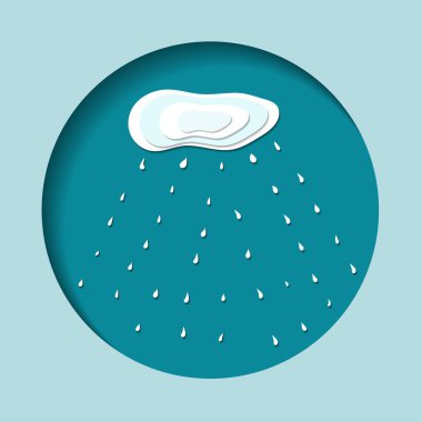 Kağıt kesiği şeklinde bir kartpostalın vektör çizimi. Barışın sembolü. Gökyüzünün arka planında oyulmuş bir daire şeklinde yağmur damlaları olan bir bulut.