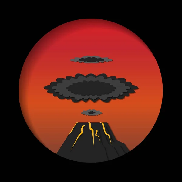剪纸式明信片的矢量插图 在日落的天空背景下火山爆发 — 图库矢量图片