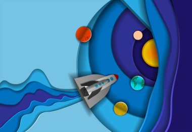 Uzayda uçan bir roketin kağıt oyması. İş fikri, girişim, zeka kavramı. Kağıttan yapılmış modern bir şekilde vektör illüstrasyonuName.