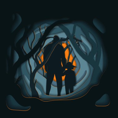 Kağıttan kesilmiş bir kartpostal. Karanlık bir ormanda çocuklu bir adam. Işık, karanlıktan görünür..