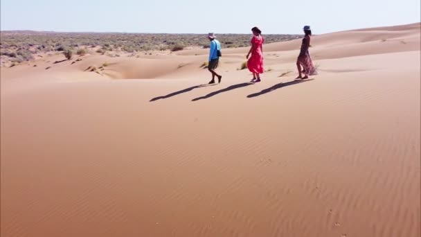 Drie reizigers lopen door de woestijn op zandduinen — Stockvideo