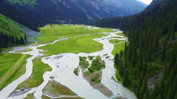 Drone Aérien Filmé Belles Montagnes Avec Une Rivière Sinueuse Coulant — Video