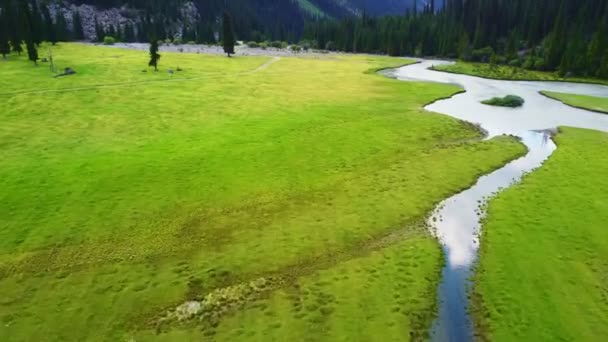 空中無人機は キルギスタンの山々に流れる巻き川と美しい山々を撮影しました イシクル湖の近くカラコル峡谷 — ストック動画
