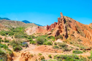 Keskin Dağ, Peri Masalı Kanyonu Kırgızistan, Skazka Kanyonu 'nda bulutsuz ve çöl bitkisi olmayan parlak mavi gökyüzüne karşı kırmızı turuncu taştan yapılmış bir kayadır..
