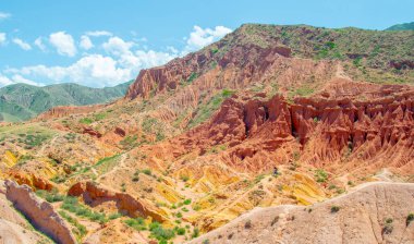 Keskin Dağ, Peri Masalı Kanyonu Kırgızistan, Skazka Kanyonu 'nda bulutsuz ve çöl bitkisi olmayan parlak mavi gökyüzüne karşı kırmızı turuncu taştan yapılmış bir kayadır..