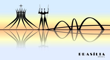 Ilustracao silhueta ceu de Brasilia no por do sol, Ponte JK, Catedral de Brasilia, Dois Guerreiros, Congresso Nacional, politica, Oscar Niemeyer, Brasil, arquitetura, edificacao, Distrito Federal, df, turismo, vetor, turista, monumentos, brasilia