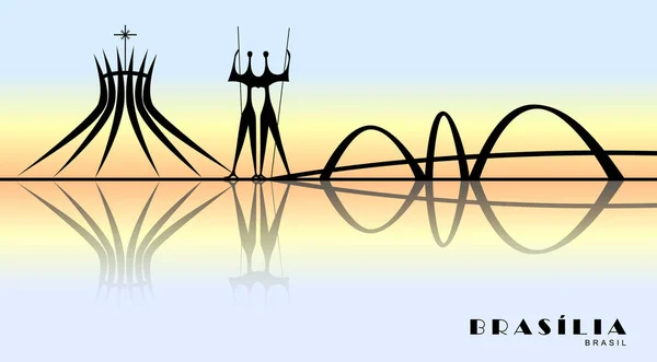 Ilustracao Silhueta Ceu Brasilia Por Sol Ponte Catedral Brasilia Dois Vector de stock