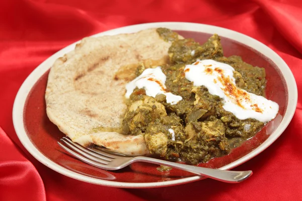 Chicken saag with bread and yoghurt — Stock Photo, Image