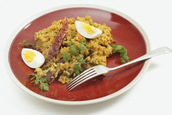 Kichuri plate and fork with egg — Stock Photo, Image