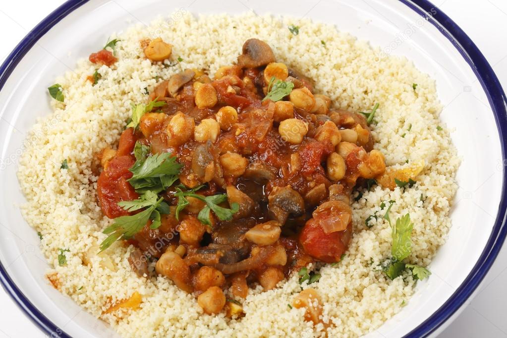 Chickpeas mushrooms tomato and couscous from above