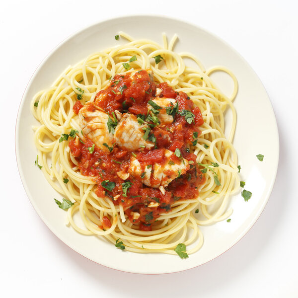 Spaghetti with fish in arrabbiata sauce from above