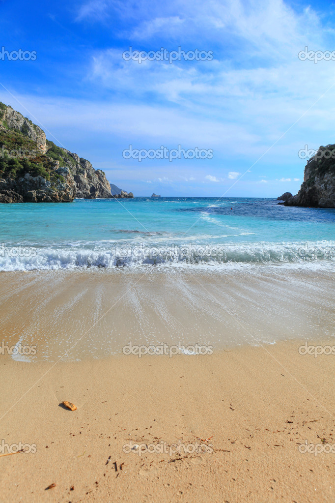 paleokastritsa beach vertical stock