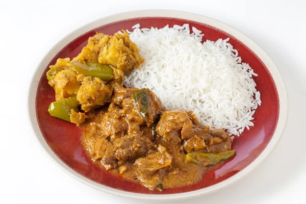 Chettinadu kyckling curry med grönsaker och ris — Stockfoto