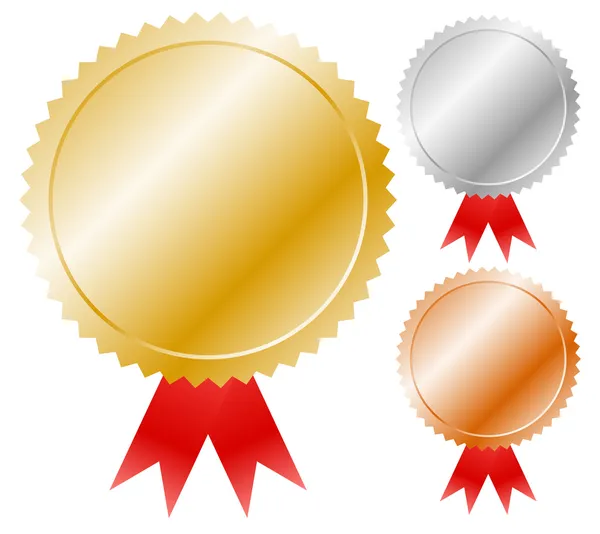 Gold, silver, bronze medals, badges vector graphics. Trophy, win — Stock Vector