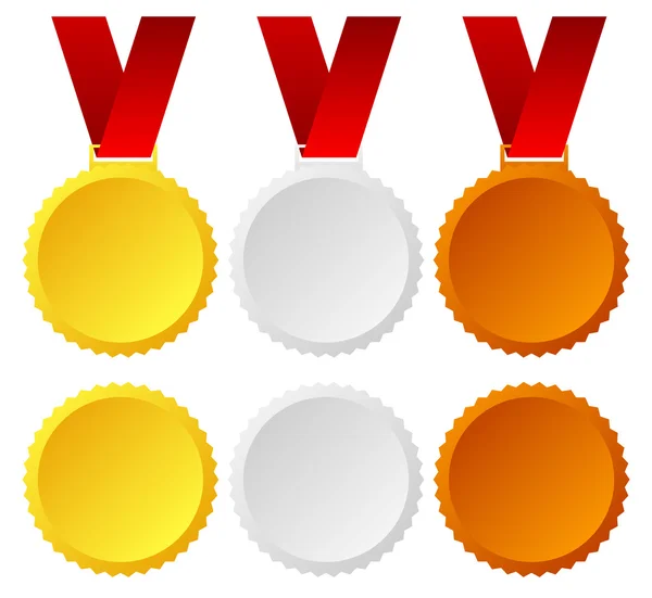 Medaglie d'oro, d'argento, di bronzo, distintivi grafici vettoriali. Trofeo, vittoria — Vettoriale Stock