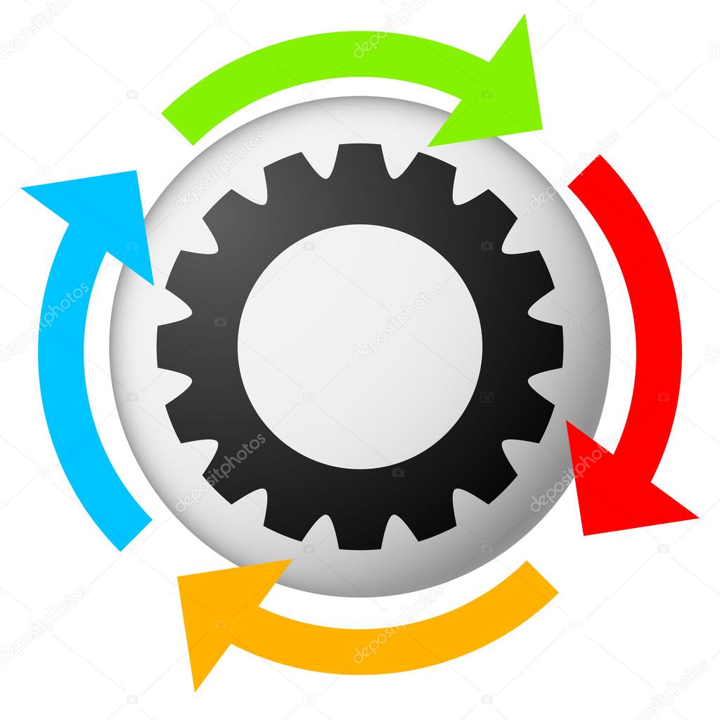 Modern gear symbol on plate with rotating arrows