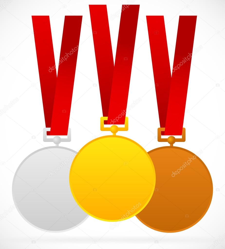 Gold, silver, bronze medals with red ribbon