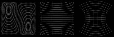 Bir takım deforme olmuş, bozulmuş ızgaralar, kırıntılar. Esneme, kamuflaj, kafes, ızgara, sarmal elementler üzerinde deformasyon etkisi - stok vektör illüstrasyonu, klip- sanat grafikleri