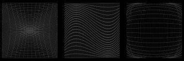 Bir takım deforme olmuş, bozulmuş ızgaralar, kırıntılar. Esneme, kamuflaj, kafes, ızgara, sarmal elementler üzerinde deformasyon etkisi - stok vektör illüstrasyonu, klip- sanat grafikleri