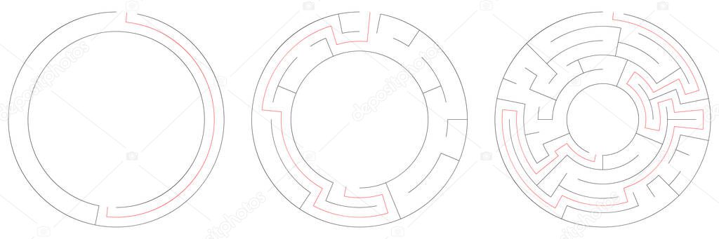 Circle, circular maze, labyrinth riddle game set. Problem solving, rebus, puzzle, brain teaser concept s - stock vector illustration, clip-art graphics