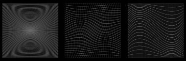 Bir takım deforme olmuş, bozulmuş ızgaralar, kırıntılar. Esneme, kamuflaj, kafes, ızgara, sarmal elementler üzerinde deformasyon etkisi - stok vektör illüstrasyonu, klip- sanat grafikleri