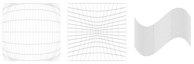 Bir takım deforme olmuş, bozulmuş ızgaralar, kırıntılar. Esneme, kamuflaj, kafes, ızgara, sarmal elementler üzerinde deformasyon etkisi - stok vektör illüstrasyonu, klip- sanat grafikleri