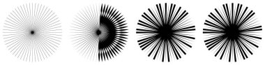 Radikal, yayılan çizgiler, çizgiler soyut dairesel elementler. Işınlar, ışınlar, yıldız patlamaları, güneş patlaması elementleri. Birleşme, birleşme, yayılan çizgiler - stok vektör illüstrasyonu, klip- sanat grafikleri