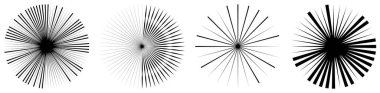 Radikal, yayılan çizgiler, çizgiler soyut dairesel elementler. Işınlar, ışınlar, yıldız patlamaları, güneş patlaması elementleri. Birleşme, birleşme, yayılan çizgiler - stok vektör illüstrasyonu, klip- sanat grafikleri