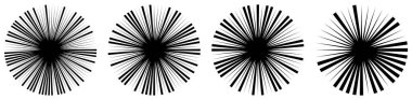 Radikal, yayılan çizgiler, çizgiler soyut dairesel elementler. Işınlar, ışınlar, yıldız patlamaları, güneş patlaması elementleri. Birleşme, birleşme, yayılan çizgiler - stok vektör illüstrasyonu, klip- sanat grafikleri