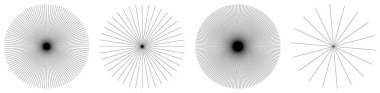 Radikal, yayılan çizgiler, çizgiler soyut dairesel elementler. Işınlar, ışınlar, yıldız patlamaları, güneş patlaması elementleri. Birleşme, birleşme, yayılan çizgiler - stok vektör illüstrasyonu, klip- sanat grafikleri