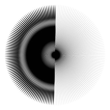 Radikal, yayılan çizgiler, çizgiler soyut dairesel elementler. Işınlar, ışınlar, yıldız patlamaları, güneş patlaması elementleri. Birleşme, birleşme, yayılma çizgileri