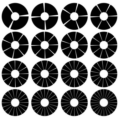 3, 4, 5, 6, 7, 8, 9, 10, 12, 14, 15, 16, 18, 20, 22, 24 bölümle ayrılmış çemberler. Pasta grafiği, turta grafiği benzeri bilgi ögesi - stok vektör illüstrasyonu, klip sanatları grafikleri