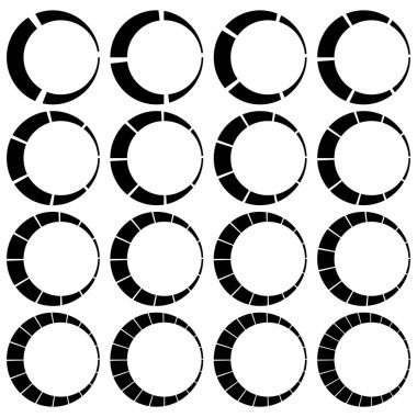 3, 4, 5, 6, 7, 8, 9, 10, 12, 14, 15, 16, 18, 20, 22, 24 bölümle ayrılmış çemberler. Pasta grafiği, turta grafiği benzeri bilgi ögesi - stok vektör illüstrasyonu, klip sanatları grafikleri